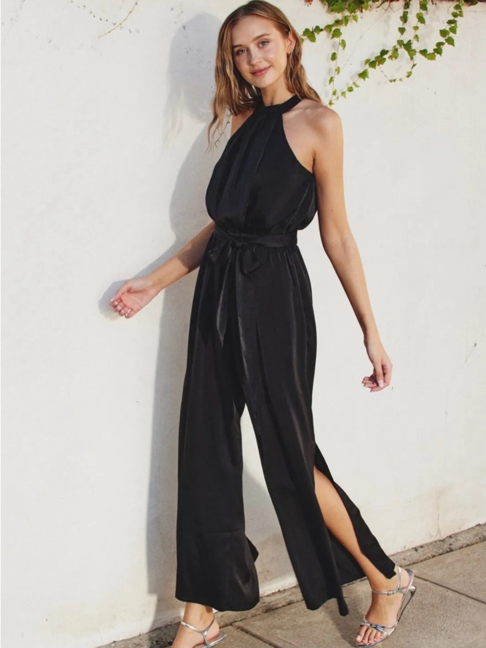 Halter Neck Black Satin Jumpsuit with Waist Tie